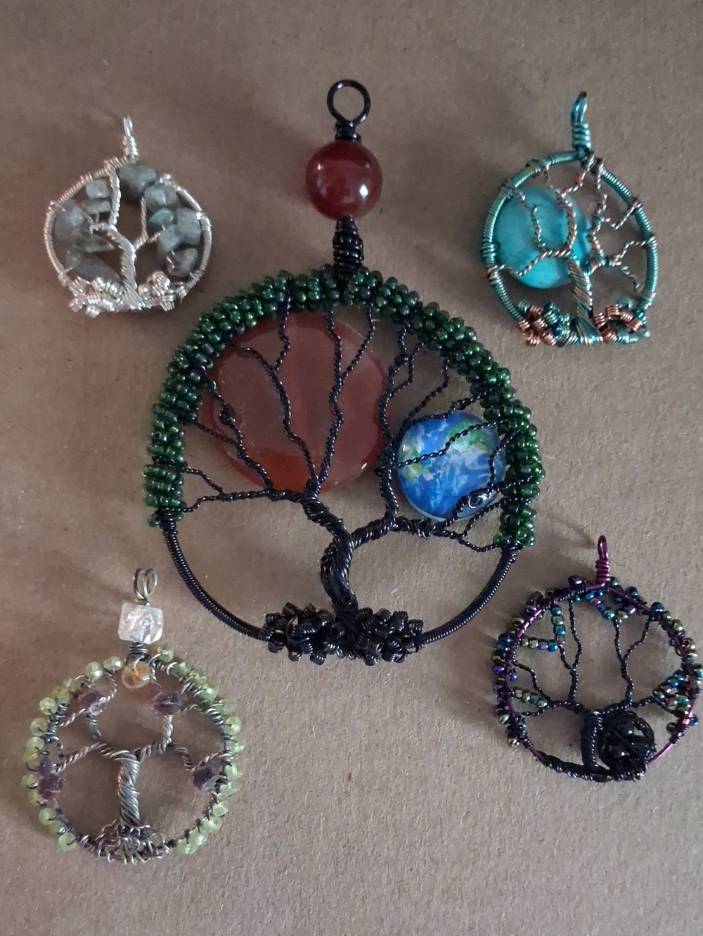 Handmade Tree of Life Pendants with Beaded Frames Jewelry Artist Clearance Lot
